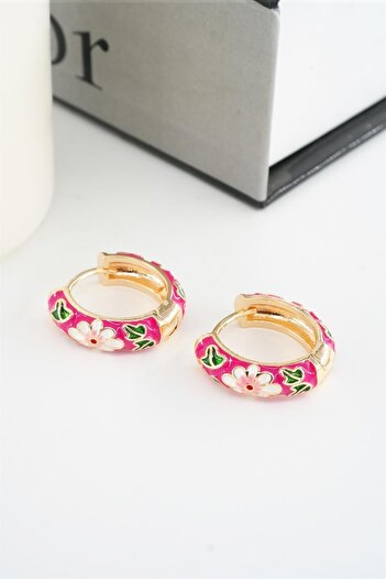 By Zeyna Aksesuar Women's Special Series Enameled Flower Motif Tarnish Resistant 2 Cm Hoop Earring Set