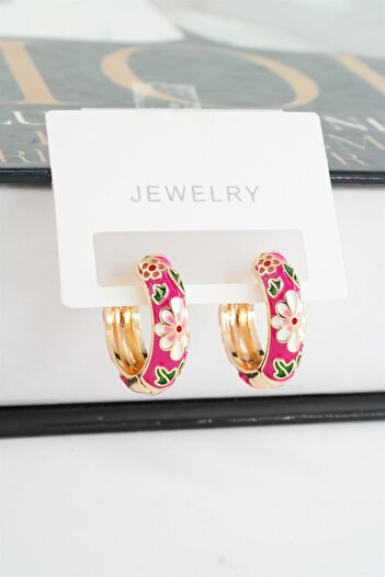By Zeyna Aksesuar Women's Special Series Enameled Flower Motif Tarnish Resistant 2 Cm Hoop Earring Set