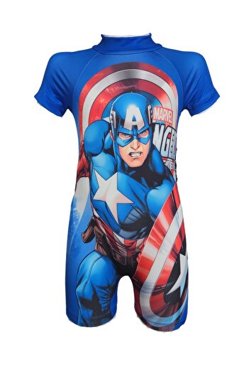 İYİBU Children's Short Sleeve Zippered Swimsuit Swimsuit Captain America Patterned Navy Blue Ages 2-11