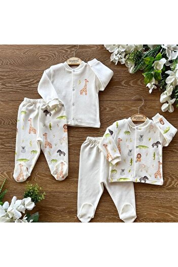 PATSAN 4 Parça Organik Pamuklu Bebek Alt Üst Patikli Pijama Takımı Zürafa Aslan Bukalemun
