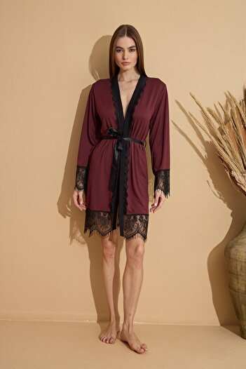Pijamaevi Burgundy Milan Lace Detailed Knitted Bamboo Women's Dressing Gown