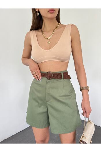 Fav Style Γυναικείο σορτς με ψηλόμεσο τσέπες με φαρδύ πόδι Gabardine Water Green
