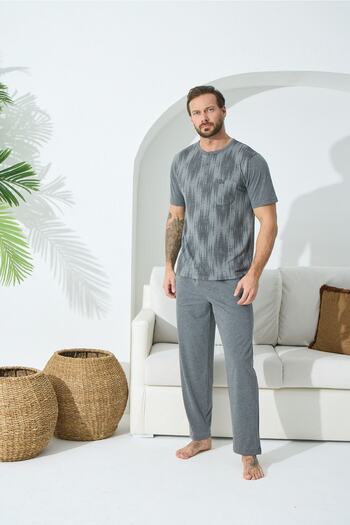 KLY Midi Collar Oversize Patterned Short Sleeve Plus Size Pajama Set