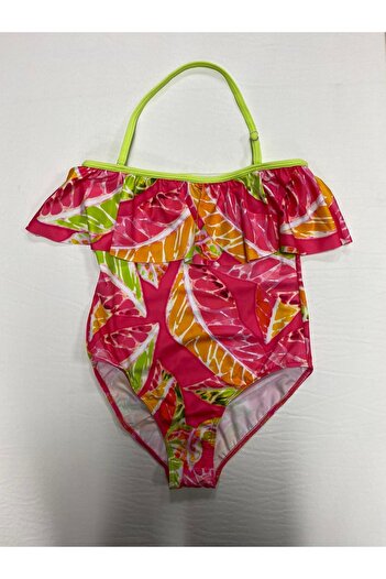 Kom Patterned Frilly Children's Swimsuit
