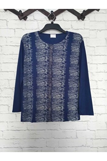anne moda ankara Διαμήκες μοτίβο Πλήρες καλοκαιρινό λεπτό κοντό μπλουζάκι με μακρυμάνικο λαμπερό βισκόζη