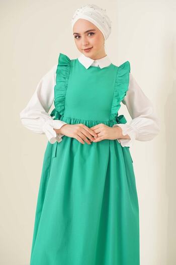 VOLT CLOTHİNG Green Gilet Hijab Dress - Shoulder Ruffle