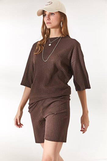Olalook Women's Bitter Brown Bottom Short Tights Top Loose Blouse Set TKM-19000200