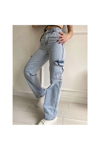 LİMABEL High Waist 100% Cotton Blue Snow Wash Cargo Pocket Jeans