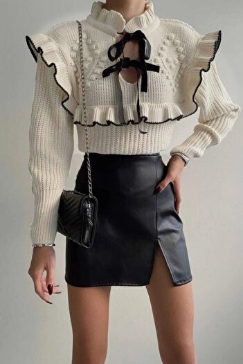MODAGEN Women's Ruffled Collar Ribbon Knitted Princess Ecru Sweater