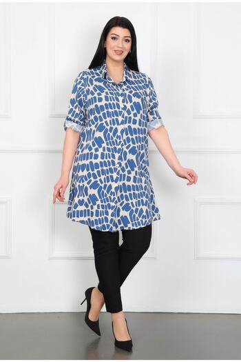 By Alba Collection Women's Indigo Cotton Viscose Patterned Large Size Tunic