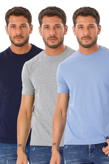 ESPİNA Men's Regular Fit 3-Pack Navy Blue-grey-light Blue Crew Neck T-Shirt