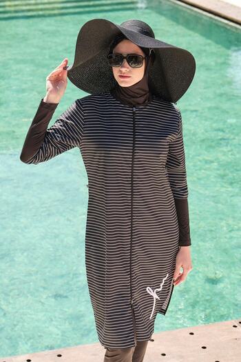 Haşema White Striped Embroidery Detailed Black Jelly Full Hijab Swimsuit Top