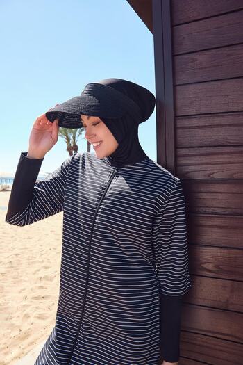 Haşema White Striped Embroidery Detailed Black Jelly Full Hijab Swimsuit Top