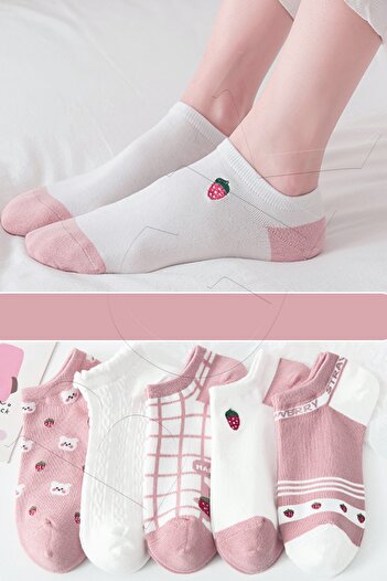 BGK 5 Pairs of Pink Strawberry Patterned Short Socks
