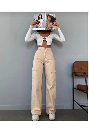 Livik Catina Hot Fashionnova Brown No Back Pocket Cargo Pocket Loose Lycra High Waist Jeans