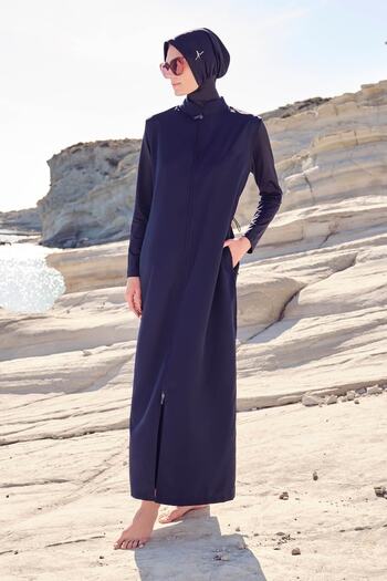 Haşema Full Size Navy Blue Jelly 4 Piece Hijab Swimsuit Set