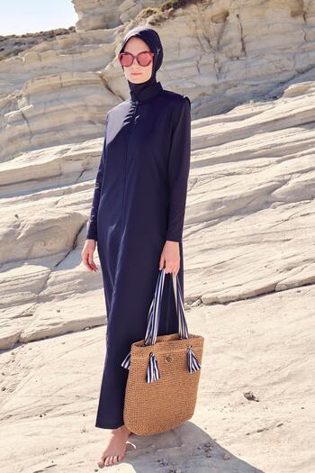 Haşema Full Size Navy Blue Jelly 4 Piece Hijab Swimsuit Set