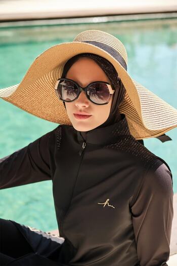 Haşema Copper Leaf Patterned Black Jelly Full Hijab Swimsuit Top