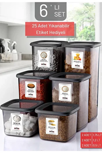 Open Home Concept Set of 6 Unbreakable Square Food Storage Container with Label Anthracite X2 1.75 Lt/1.2 Lt/0.5 Lt
