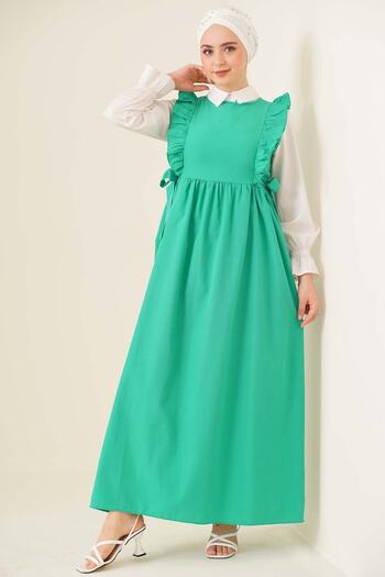VOLT CLOTHİNG Green Gilet Hijab Dress - Shoulder Ruffle