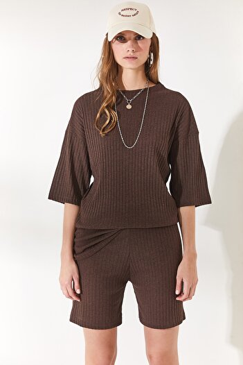 Olalook Women's Bitter Brown Bottom Short Tights Top Loose Blouse Set TKM-19000200