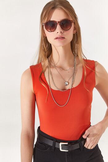 Olalook Women's Orange Square Collar Front Double Layer Sandy Blouse BLZ-19002252