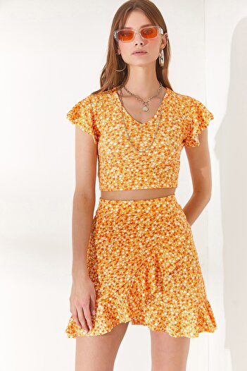 Olalook Women's Orange Skirt Wrap Bottom Top Set TKM-19000140