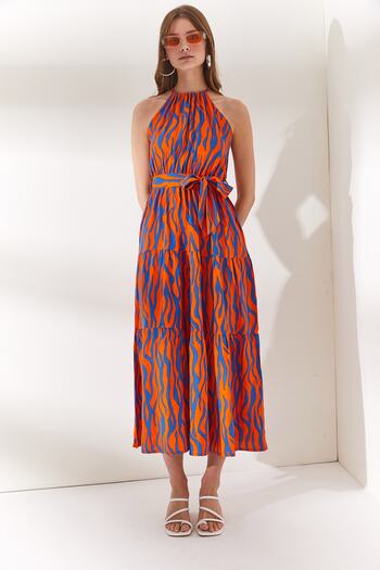 Olalook Women's Zebra Orange Halter Collar Belted Woven Viscon Dress ELB-19001548