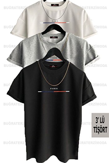 Buğraterzimoda Unisex Thin Striped Paris Printed Loose Fit (black-white-gray) Oversize 3-pack T-shirt