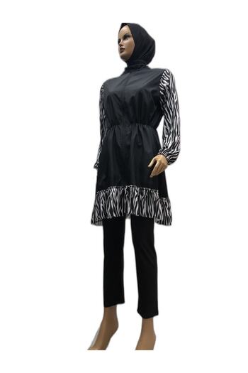 eflin Women's Clothing Black-white Zebra Ruffled Full Covered Hijab Swimsuit Including Bonnet