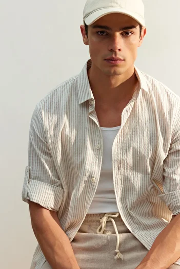 Trendyol Collection Premium Camel Regular Fit Λινά Μικτά Ριγέ Πουκάμισα TMNSS23GO00134