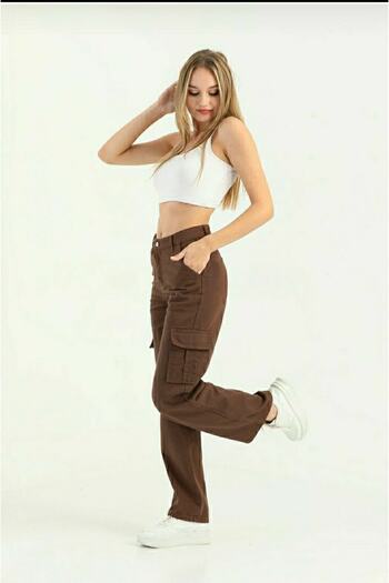 Livik Brown LYcra Cargo Pocket Extra High Waist Back Pocketless Women's Palazzo Jeans