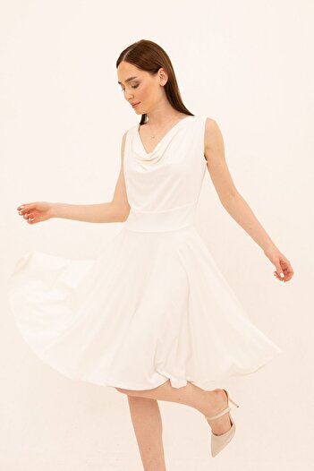 Laranor Ecru Degaje Collar Flared Dress