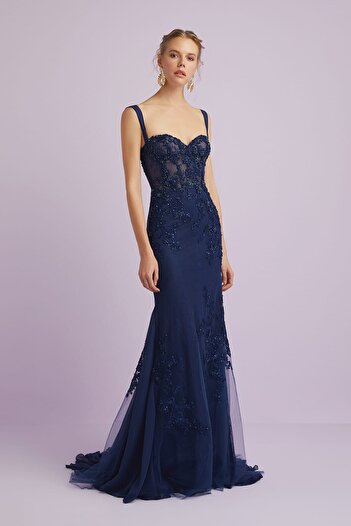 Oleg Cassini Women's Navy Blue Strappy Sequin Embroidered Evening Dress 4XLVC4688