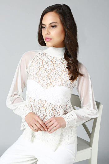Quincey Women's White Lace Detailed Blouse BD2265