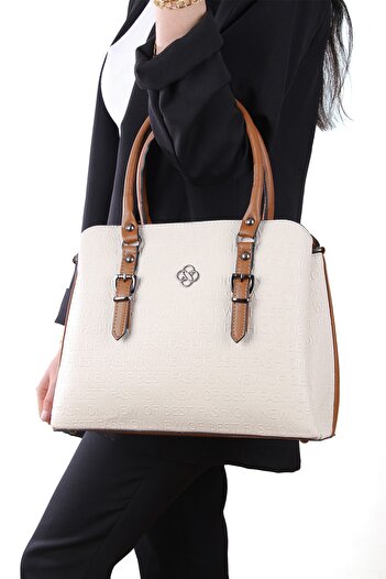 By Hakan Byhakan Jn-1319 Embossed Women's Hand and Shoulder Bag Cream