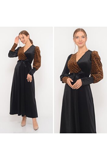 rengamoda Kadın Leopar, Leopar Detaylı Ithal Kadife Kumaş Kuşaklı Maxi Mezuniyet Düğün Elbise