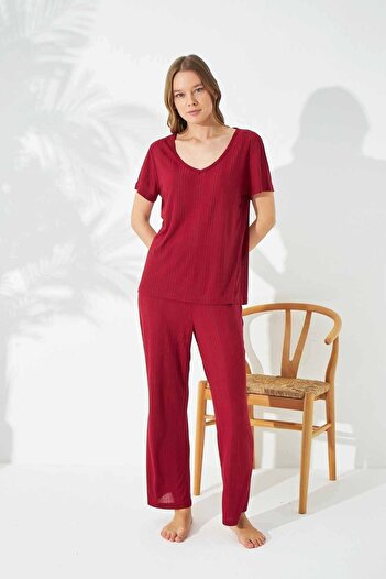 Siyah İnci Claret Red Soft Touch Thin Knitted Pajama Set