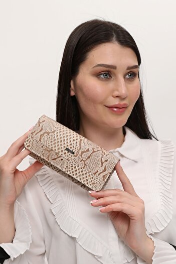 DERKON Crocodile Patterned Useful Genuine Leather Women's Wallet Cream