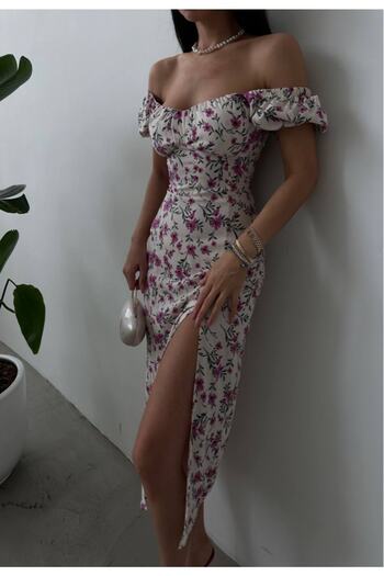 LB Laluna Butik Γυναικείο φλοράλ κοντό μανίκι Madonna Sweetheart λαιμό Midi μήκος πίσω ελαστικό φόρεμα βισκόζης