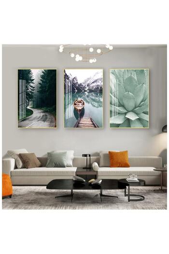 Linacci Set de pictură cu cadru triplu din aur, din aluminiu, metal, verde, peisaj natural, cu sticlă