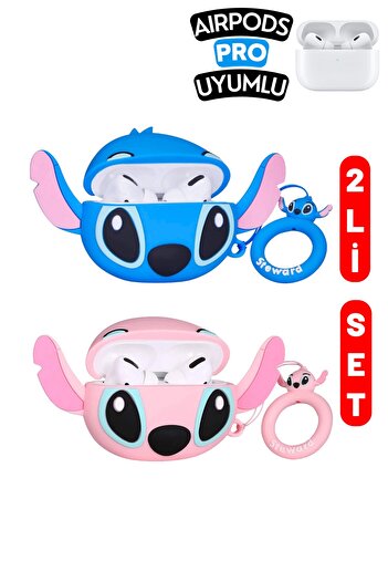 EWEC 2'li Set Pro Uyumlu Mavi Stitch Ve Pembe Stitch Figürlü Kulaklık Kılıfı Seti, Sevimli Pro Ikili Set