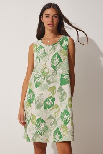 Happiness İstanbul Rochie de vară A-Line din viscoză din in verde cu model BH00413