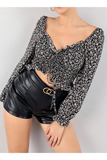 AS Anita Store Çiçek Desenli Büzgü Detaylı Crop Bluz