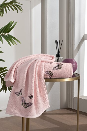 Tanem Home 100% бавовняний вишитий 2-х частинний комплект рушників 50x90см / 70x140см | Весільний комплект | Рожевий