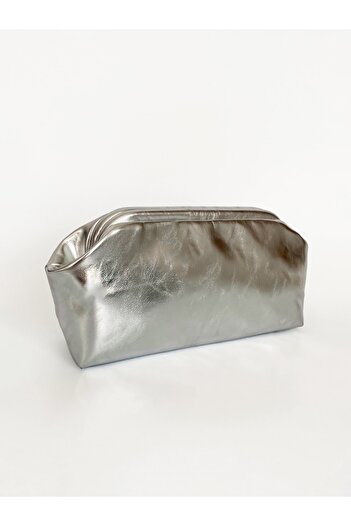 HEYBE'S Women's Silver Lame Shiny Textured Leather Clutch Handbag