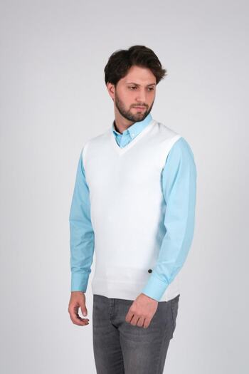 Çizgi Triko Men's Knitwear Sweater V-Neck White Color with Elastic Waist Winter Woven Regular Fit