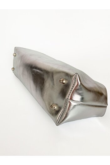 HEYBE'S Women's Silver Lame Shiny Textured Leather Clutch Handbag