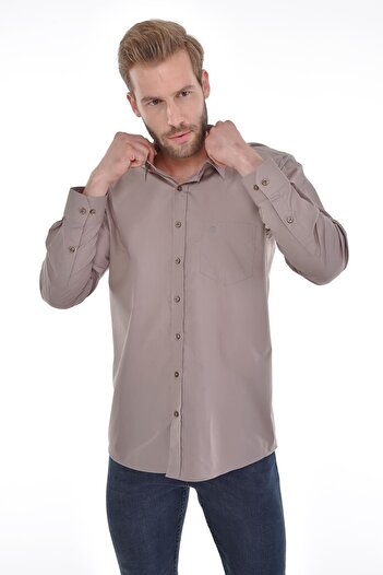 Çizgi Triko Classic Collar Classic Cut Plain Mink Color Long Sleeve Men's Shirt with Pockets