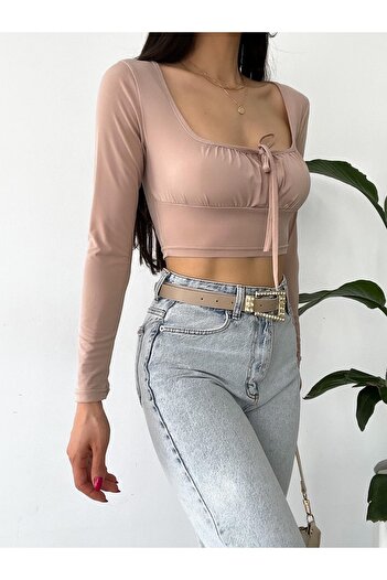 By Gecce Göğüs Üzeri Bağcıklı Uzun Kollu Crop